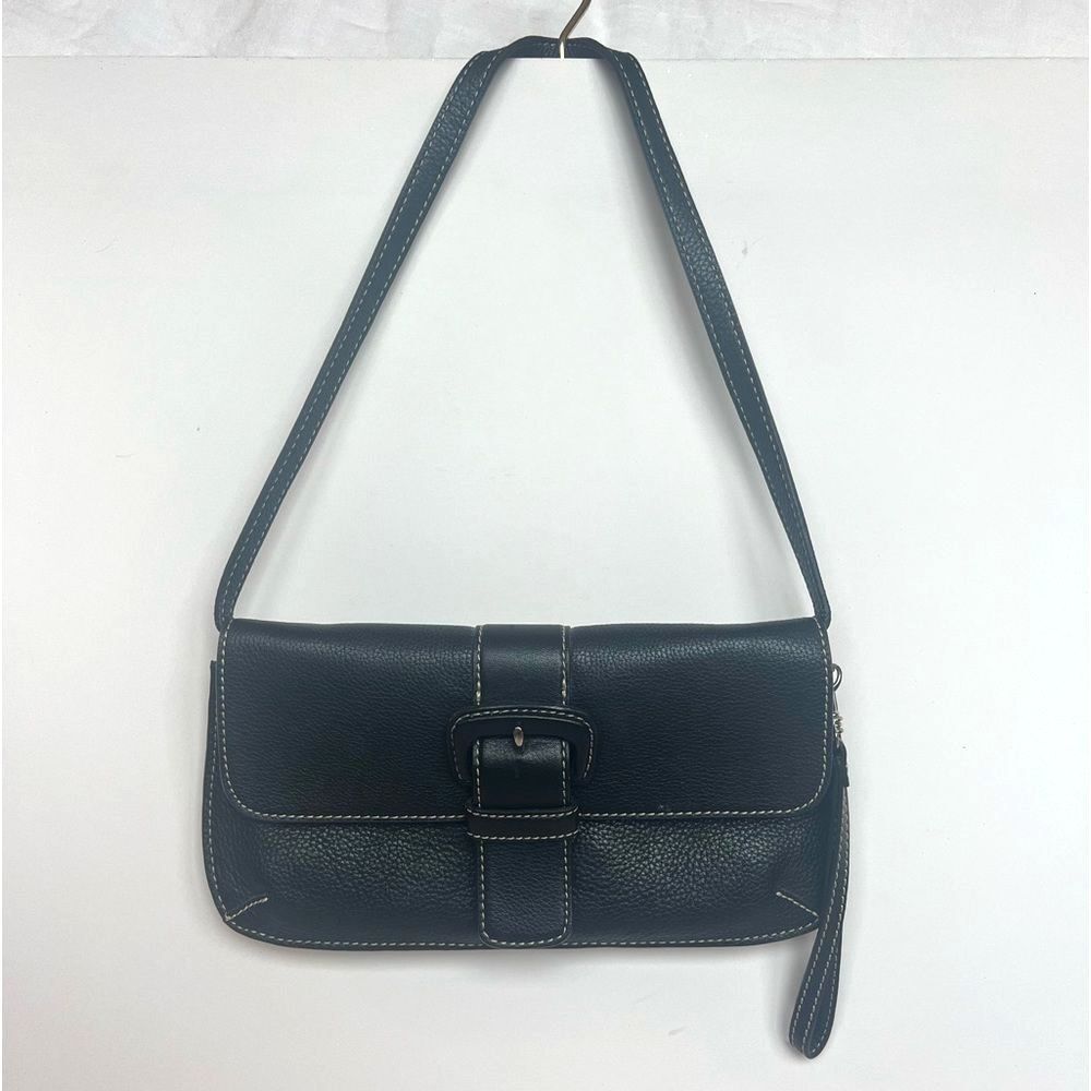 Black Leather Purse-Detachable Shoulder/ Wrist Straps- Buckle and Stitch Details